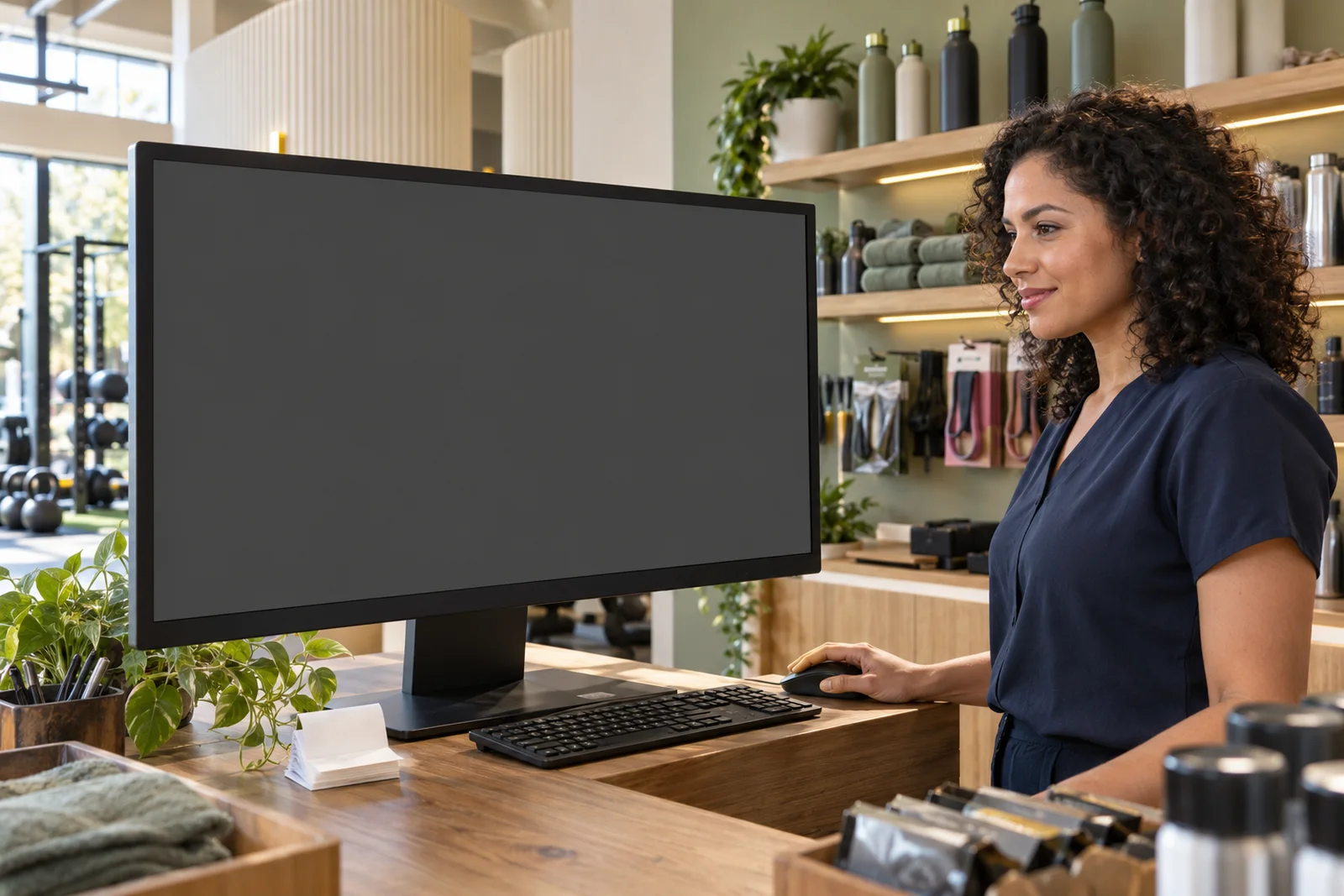 Caja de tienda del gimnasio; empleada de cabello rizado, venta de bebidas y accesorios, mostrador de madera, monitor a la izquierda. Pantalla: Ventas y caja.